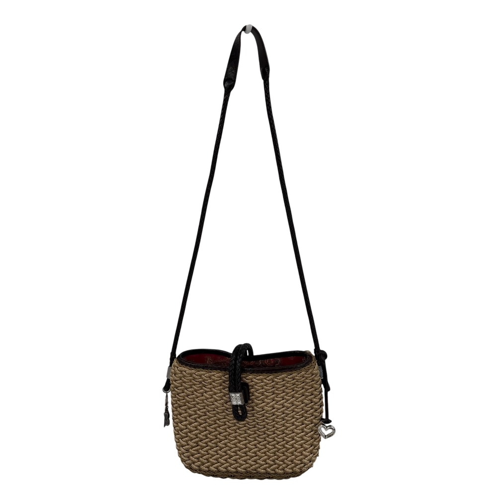 VTG Brighton Woven Cord Crossbody Bag Women Tan Brown Leather Trim Heart Charm